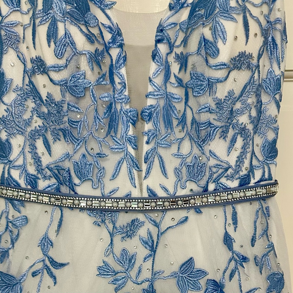 Embroidered Blue Floral Prom Dress with Beaded Waist